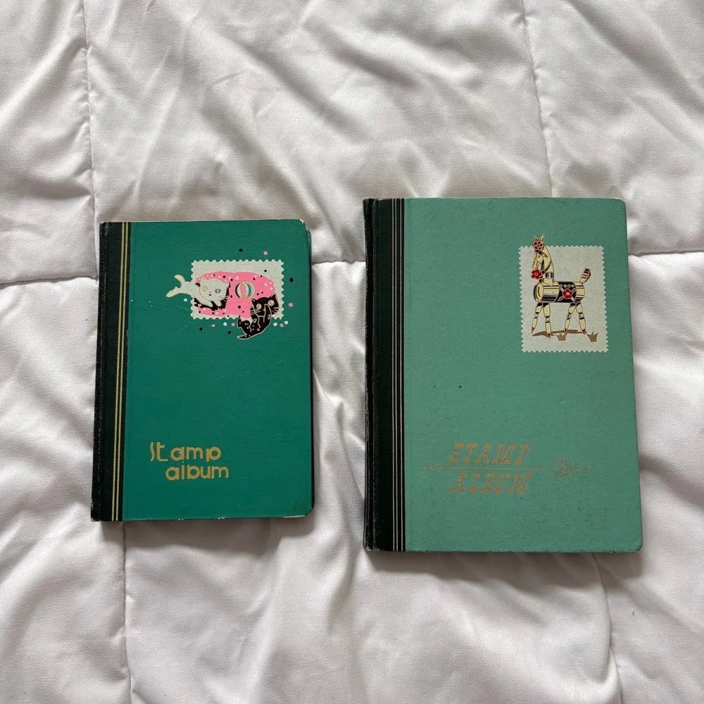 Vintage Flying Eagle Stamp Album Set of 2 Green Hardcover Cat Horse 1988